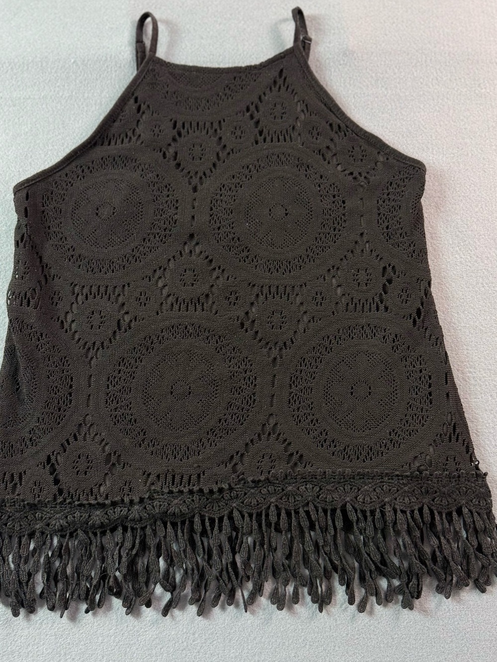 Xhilaration Black Lace Fringe Tank Top Juniors XL High Neck Boho Festival Lined